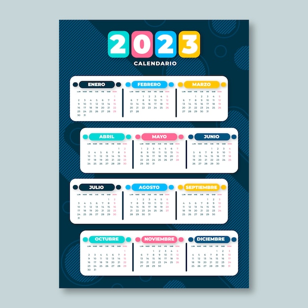 フラットなデザインの幾何学的な 2023 カラフルなカレンダー