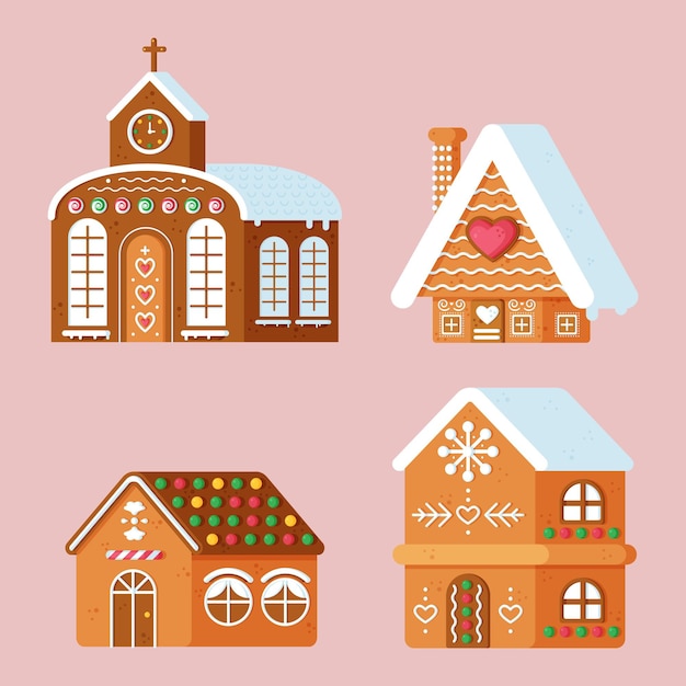 Flat design gingerbread house collection