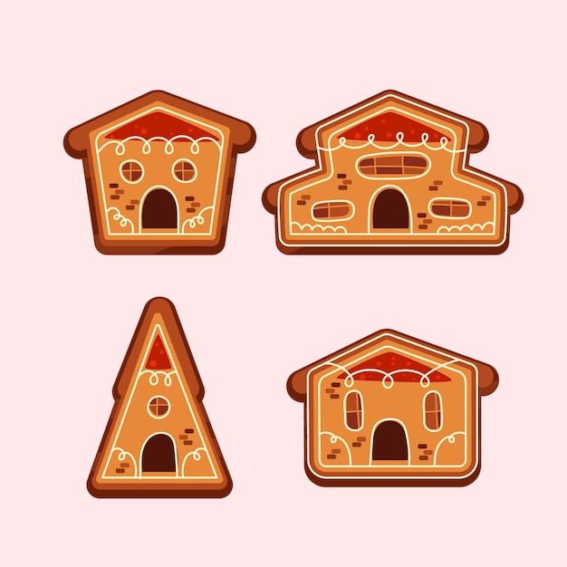 Flat design gingerbread house set