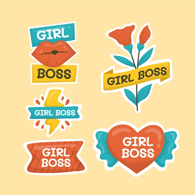 Free vector flat design girl boss sticker set