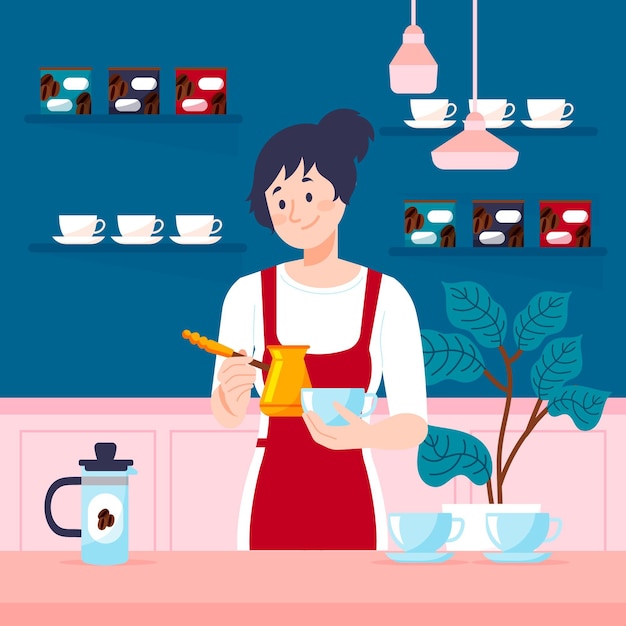 Flat design girl making coffee