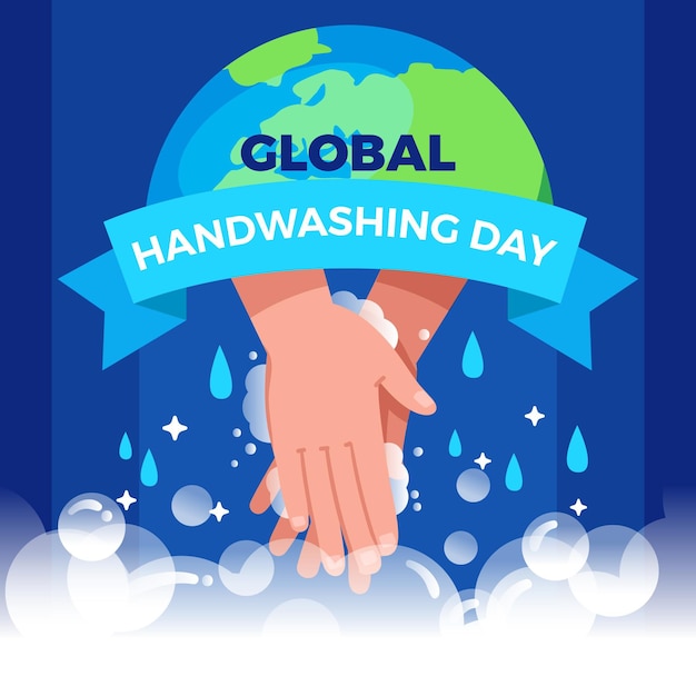 Flat design global handwashing day background with hands and globe