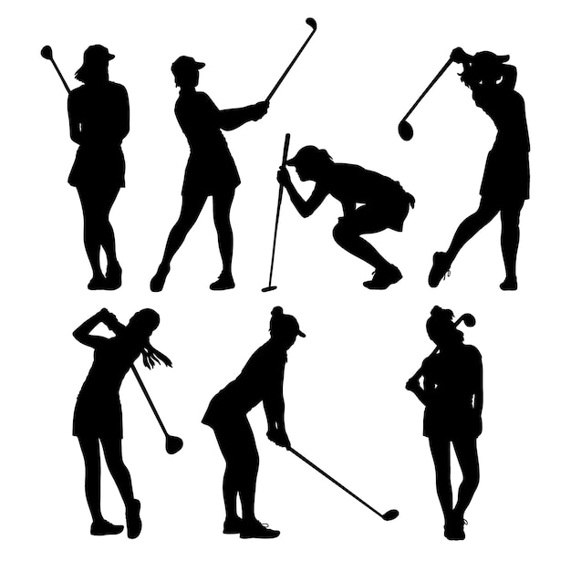 Vettore gratuito set di silhouette per golfisti dal design piatto