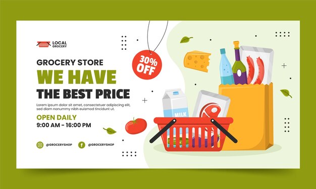 Flat design grocery store facebook template