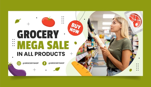 Flat design grocery store sale banner
