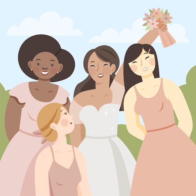 Free vector flat design group of bridesmaids with bride