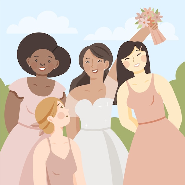 Flat design group of bridesmaids with bride