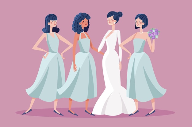 Плоский дизайн группы подружек невесты с невестой