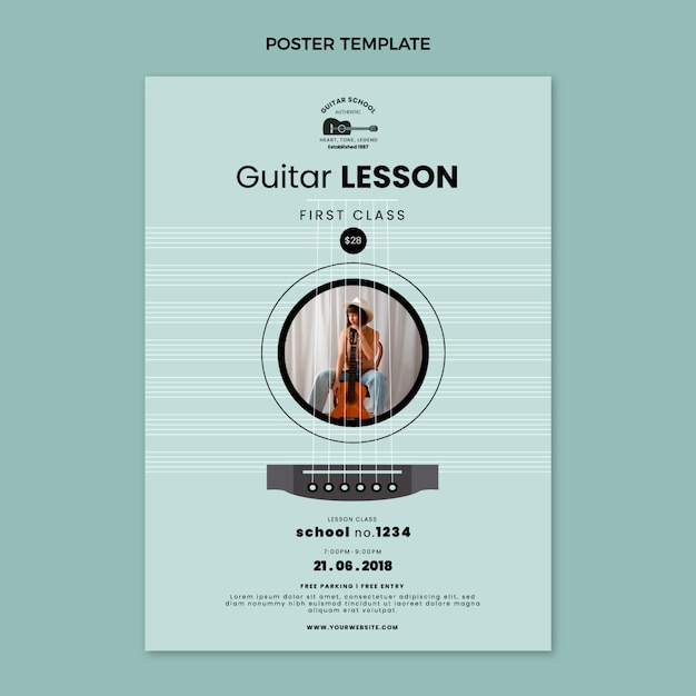 Free vector flat design guitar lessons poster