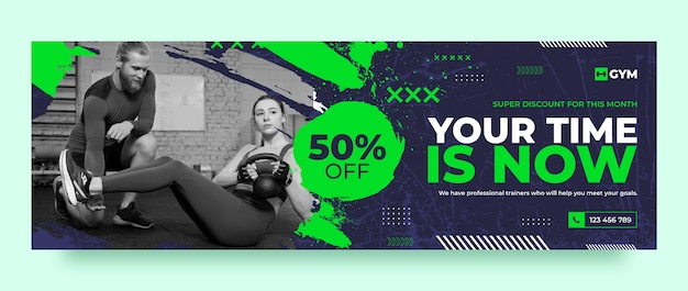 Flat design gym twitter header design template