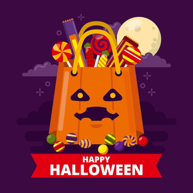 Flat design halloween bag with candy