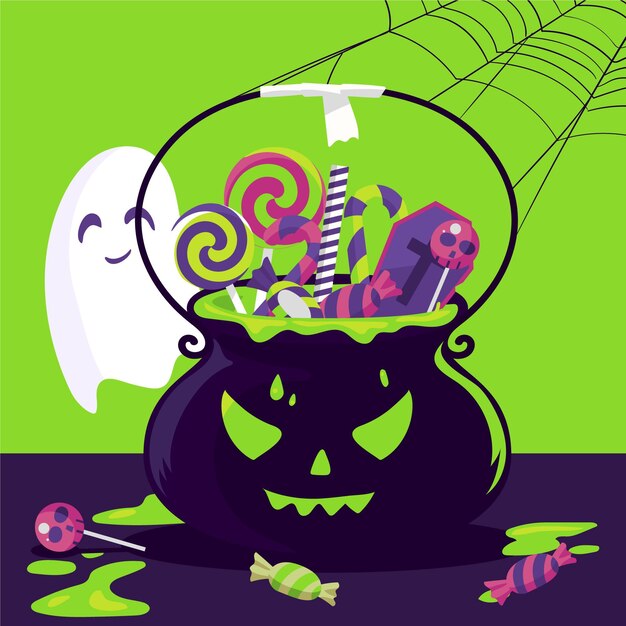 Flat design halloween bag with candy