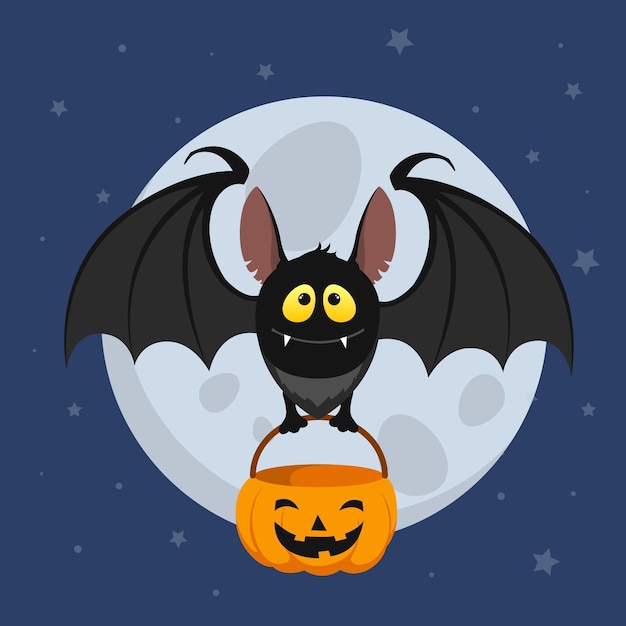 Vettore gratuito borsa della holding del pipistrello di halloween di design piatto