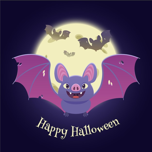 Flat design halloween bat with moon