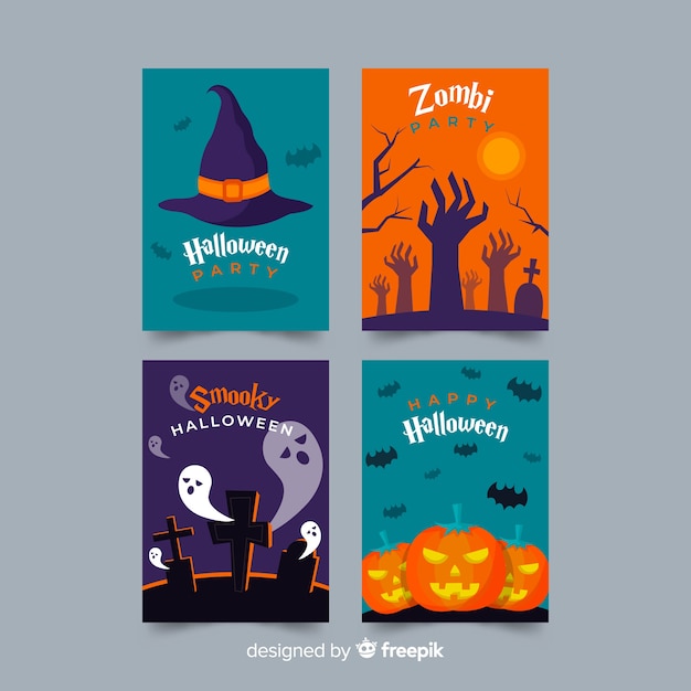 Flat design of halloween card collection