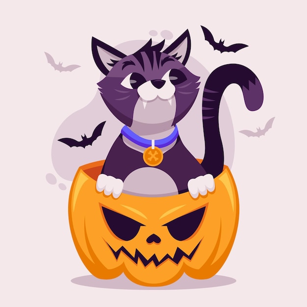Vettore gratuito gatto di halloween design piatto in zucca