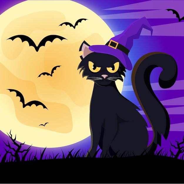 Flat design halloween cat with hat