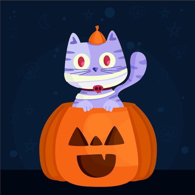 Vettore gratuito gatto di halloween design piatto con zucca