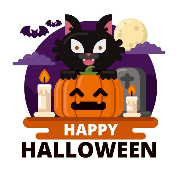 Flat design halloween cat with pumpkin