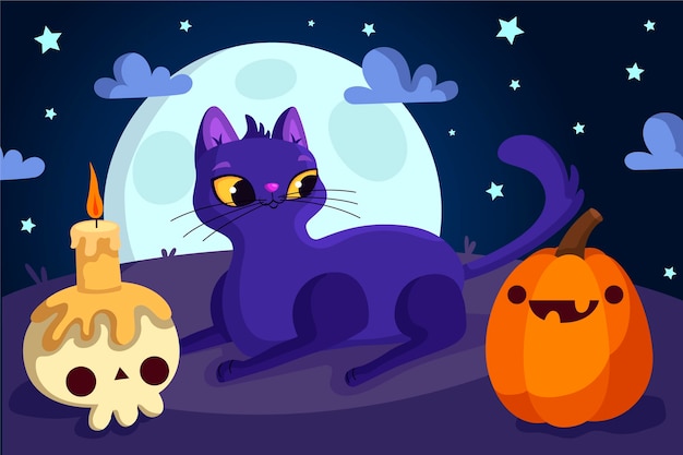 フラットデザインのハロウィン猫