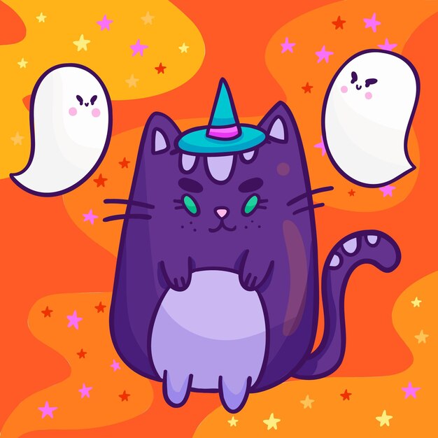 フラットデザインのハロウィン猫