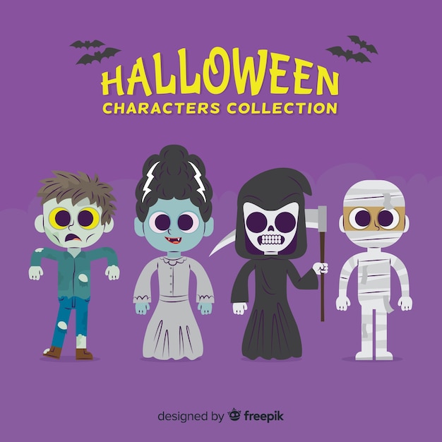 Vettore gratuito design piatto della collezione di personaggi di halloween