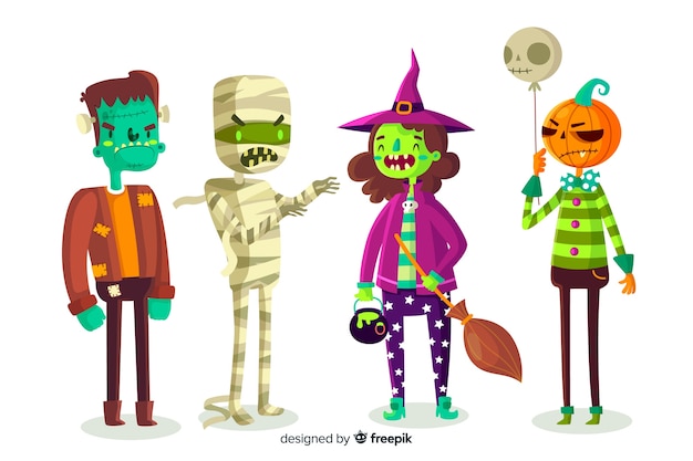 Vettore gratuito design piatto della collezione di personaggi di halloween