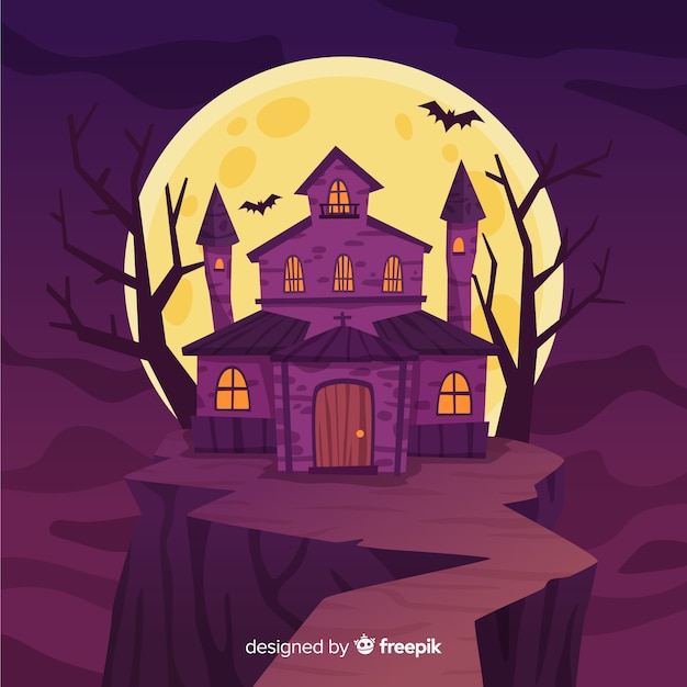 Free vector flat design of a halloween house on a hill