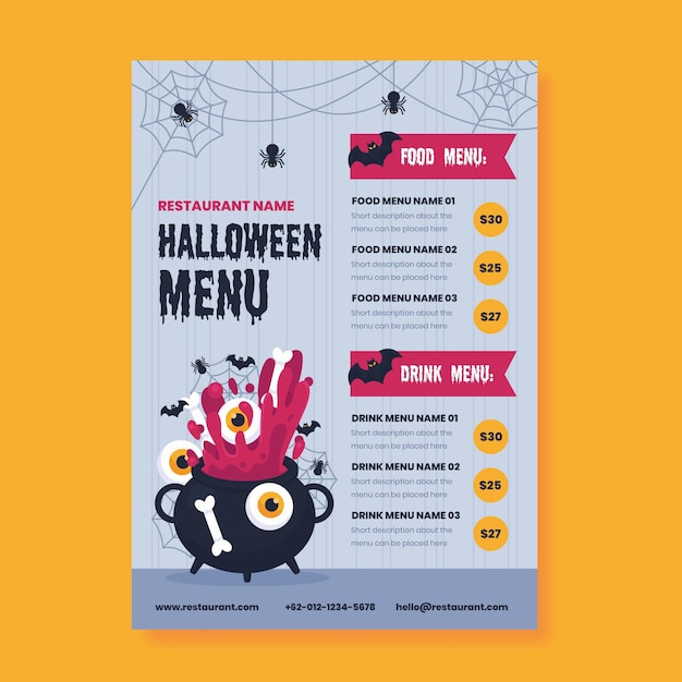 Vettore gratuito modello di menu di halloween design piatto