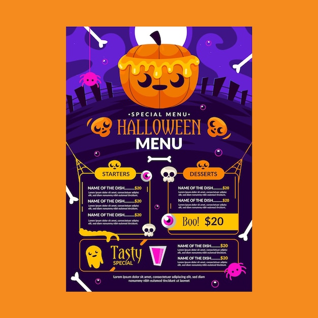 Vettore gratuito modello di menu di halloween design piatto