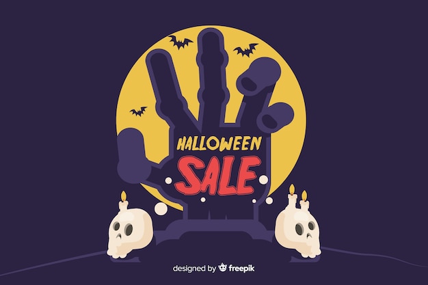 Free vector flat design of halloween sale with zombie hand and skulls