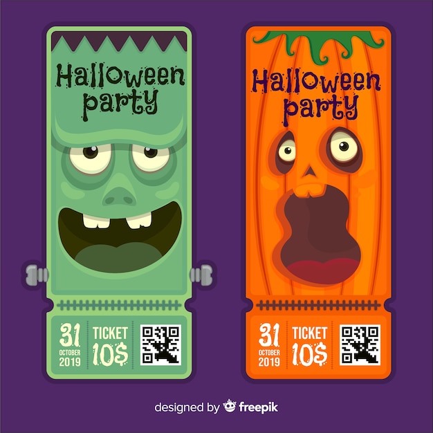 Flat design of halloween tickets with pumpkin and frankenstein monster