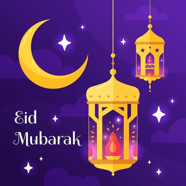 Flat design happy eid mubarak golden moon and fanoos