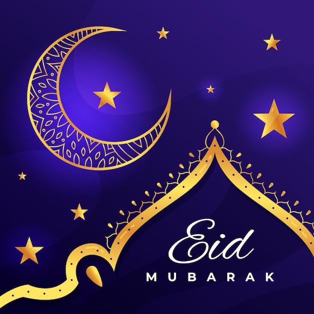 Плоский дизайн Happy Eid Mubarak Золотая луна и звезды