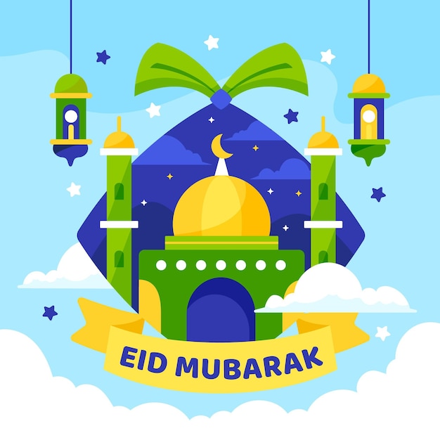 Плоский дизайн happy eid mubarak зеленая и желтая мечеть