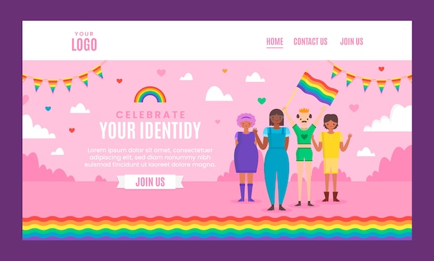 Flat design happy pride month landing page template