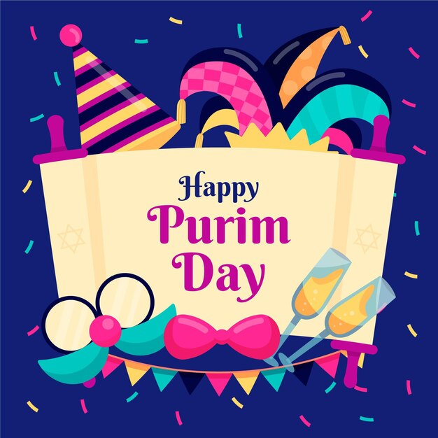 Flat design happy purim day illustrated