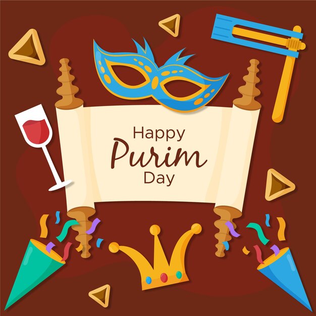 Flat design happy purim day illustrated