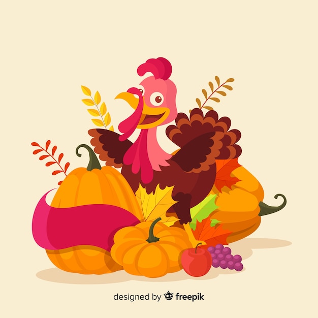 Flat design happy thanksgiving background with food