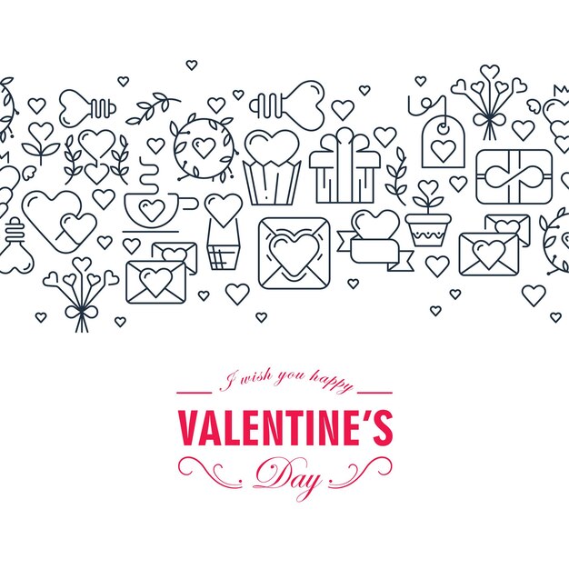 하트, 꽃, 카드 일러스트로 장식된 평면 디자인 해피 발렌타인 데이 카드