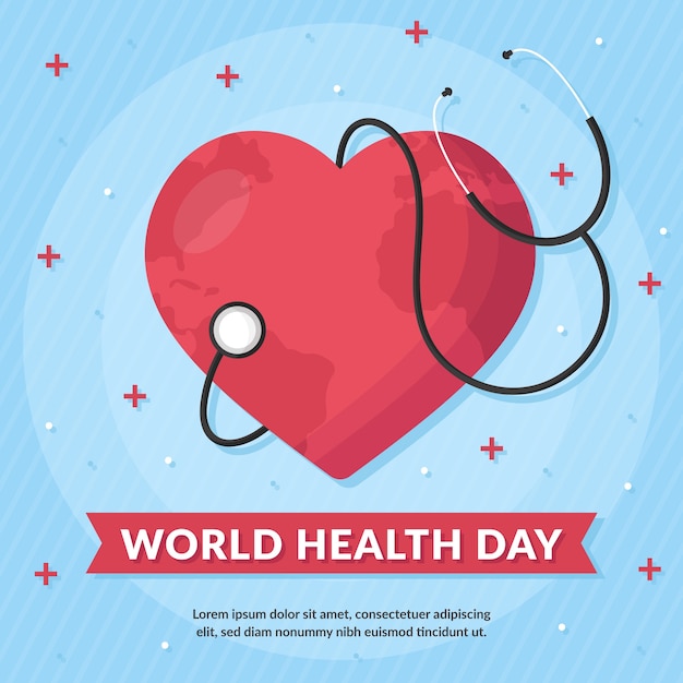 Плоский дизайн сердце со стетоскопом Всемирный день здоровья