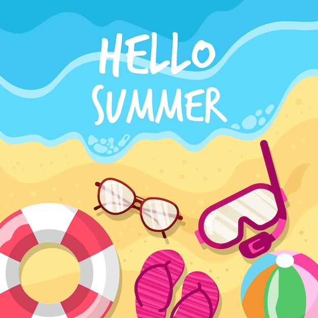 Flat design hello summer and beach accessories