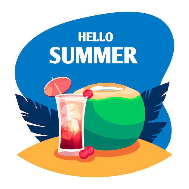 Flat design hello summer with cocktail