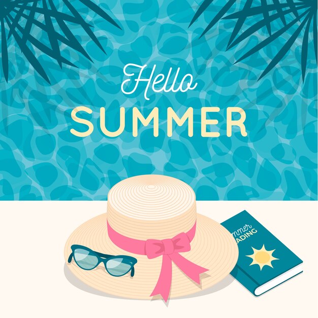 Flat design hello summer with lady hat and book