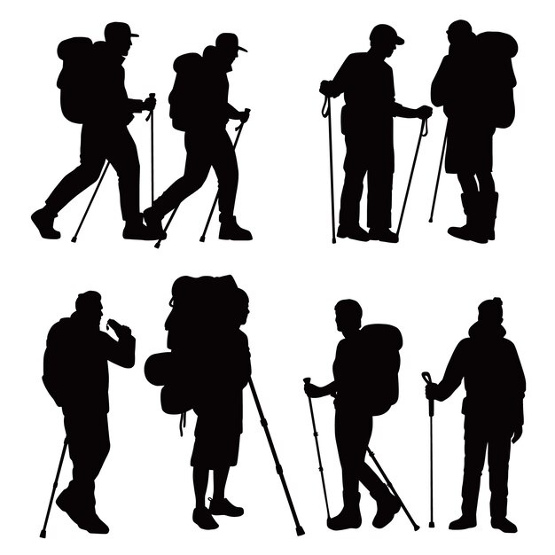 flat design hiking silhouette set