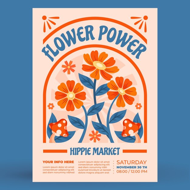 Modello di poster di mercato hippie a disegno piatto