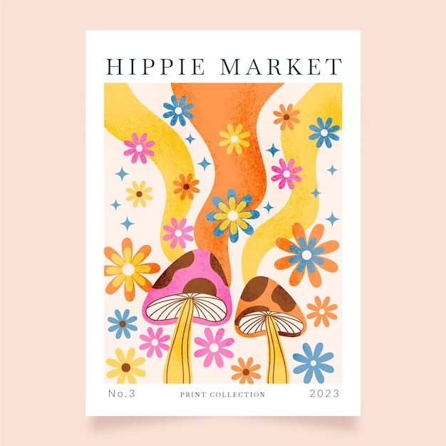 Бесплатное векторное изображение Шаблон плаката рынка хиппи с плоским дизайном