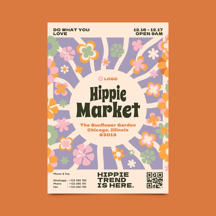 Free Vector flat design hippie market poster template