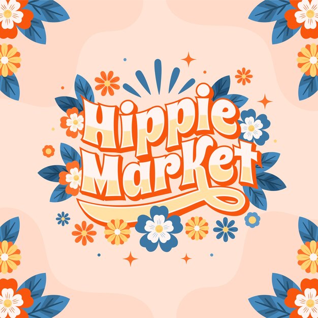 Flat design hippie market text illustration