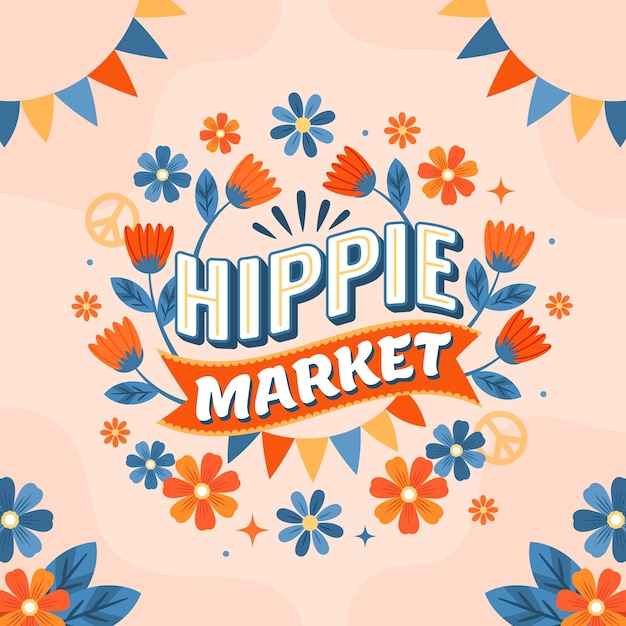 Flat design hippie market text illustration
